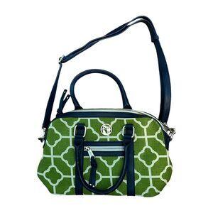 Spartina 449 Satchel Purse Crossbody Green Blue Linen Pattern Leather Trim